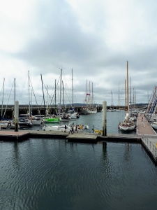 L'espace visiteurs de la marina du Château : à gauche une dizaine de catways, à l'avant et à droite, les pontons visiteurs (PC)